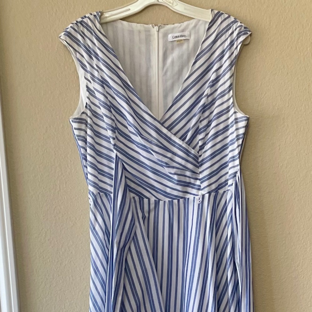Calvin Klein Blue and White Striped Midi Wrap Dress